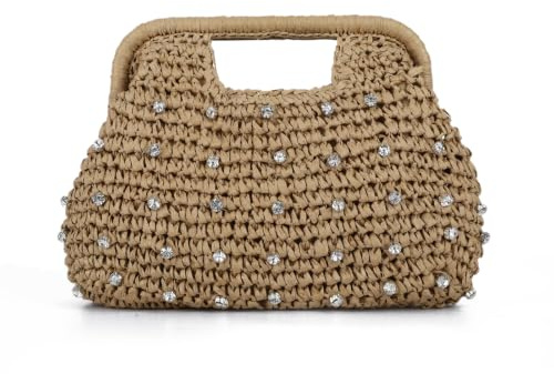 Freiesoldaten Straw Rhinestone Dumpling Clutch Bag, Summer Woven Handbag, Boho Beach Crossbody Bag for Women Beaded Holiday Evening Purse