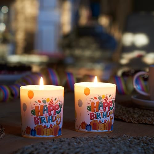 Candelo 2er Set hochwertige Geburtstagskerze im Glas - Happy Birthday Kerze 8cm x 7cm - 30 Std Brenndauer Windlicht ohne Duft - Glaskerze