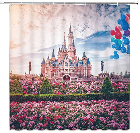 Feierman Pink Castle Duschvorhang Kinder Dekor Frühling Blume Disney Badezimmer Vorhang Dekor Set mit Haken 178 x 178 cm