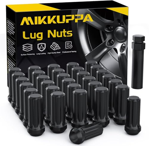 MIKKUPPA M14x1.5 Spline Lug Nuts - Replacement for Chevy Silverado, GMC Savana Sierra, Ford F250 F350 Super Duty, Ram 2500 3500 Aftermarket Wheel, 32pcs Black Closed End Lug Nuts with Socket Key