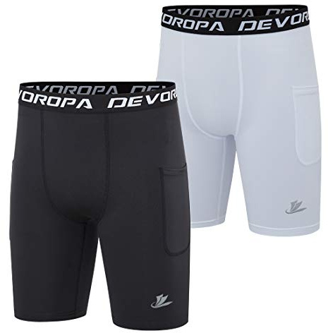 DEVOROPA Youth Boys' Compression Shorts Performance Athletic Base Layers Workout Training Underwear Side Pocket Black/White M (Pack of 2)