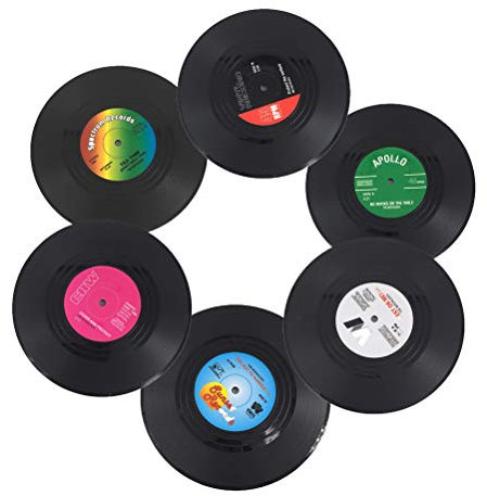 Cluos Record Coasters for Drinks Colorful Retro Vinyl Disk Coasters with Funny Labels, Prevent Furniture from Dirty and Scratched (6 Pcs)
