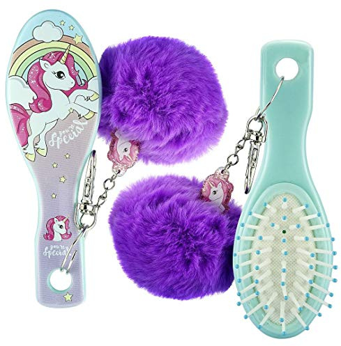 Set di spazzole per capelli districanti per bambini, set regalo con pettine per cuscino da viaggio 3+ anni – unicorno con pompon