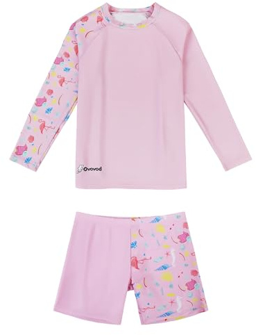 Ovovod Girls Swimsuit Two Piece Rash Guard Set for 4-14 Years UPF 50+ UV Protective Long Sleeve Swimwear