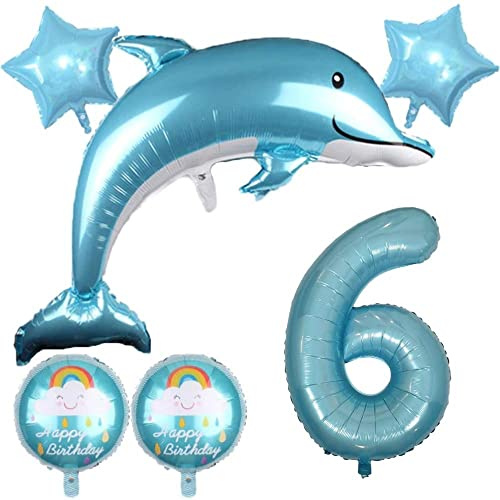 DIWULI Delfin Ballon Deko 6 Jahre Blau Unterwasser Geburtstag