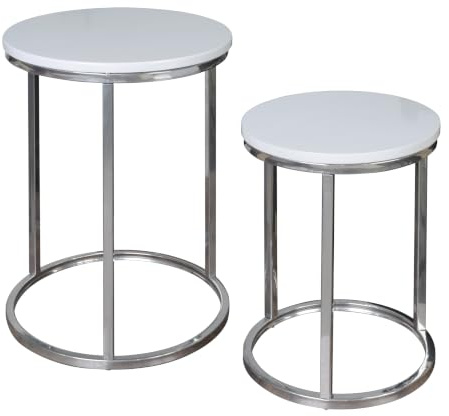 spot on dealz® Nest of 2 round chrome tables metal frame with white wooden Top effect side end modern console nesting bedside table living room furniture