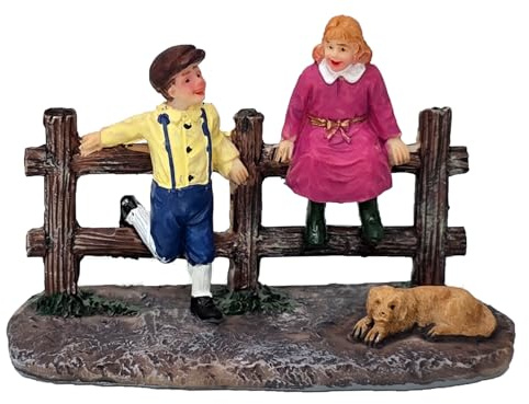 Holzzaun mit spielenden Kindern und Hund - Lichthaus Winterwelt - Miniaturfiguren Miniatur-Modell für ihre Miniaturwelt Weihnachtsdorf Weihnachtsdekoration Sammlerobjekt