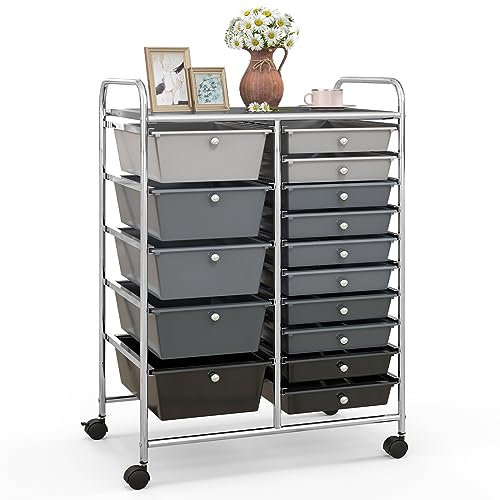 COSTWAY Rollwagen mit 15 stapelbaren Schubladen, Schubladenwagen Rollcontainer mit Metallgestell und Ablagefläche, Badrollwagen Aufbewahrungswagen für Büro, Wohnzimmer, 63 x 37 x 87 cm