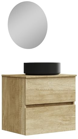 Baikal Mobile bagno Onyx Black, 2 cassetti, sospeso a parete, con lavabo in ceramica in nero opaco. Melamina 16 mm. Mobile montato. Lavabo rotondo/con specchio 70 cm Nature