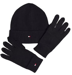 Tommy Hilfiger Herren Geschenk-Set Flag Pima Cotton Strickmütze & Handschuhe, Schwarz (Black), Einheitsgröße