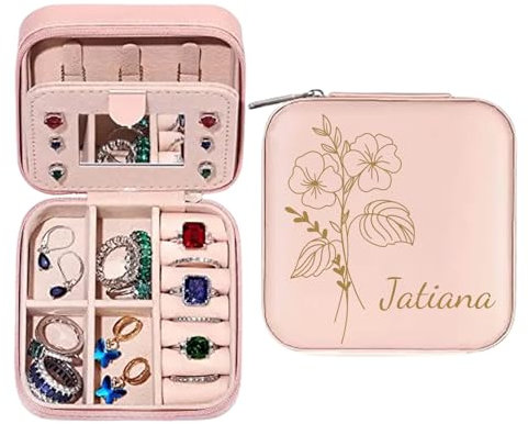 Personalisierte Schmuckkasten Mädchen, Reise Schmuckkästchen Personalisiert, Maßgeschneiderte Schmuckbox mit Ihren Initialen Namen und Geburtsblumen, Geschenk für Frauen und Mädchen