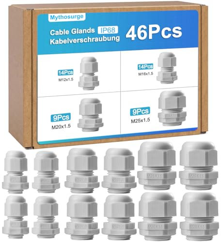 46 Stück Kabelverschraubung M12 M16 M20 M25, IP68 Wasserdicht Kabeldurchführung, Kabelverschraubungen für Outdoor Garten Schaltkasten Abzweigkasten, Kunststoff Nylon Kabeldurchführunge
