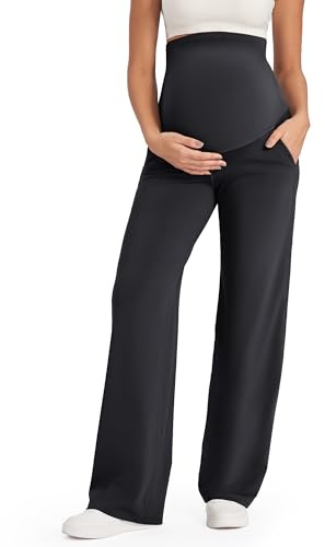 G4Free Pantalon Grossesse Femme Pantalons Maternité au-Dessus du Ventre pour Yoga Travail Pantalon Extensible à Jambes Larges avec Poches(Noir,XL)