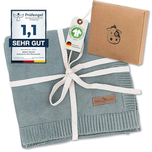 Minky Mooh Coperta per bambini in cotone biologico, Oeko-Tex 100, coperta in maglia, coperta per gattonare e per ragazzi, regalo per nascita e primo equipaggiamento, 94 x 72 cm, blu
