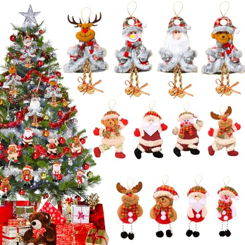 12PCS Mini Christmas Tree Hanging Ornaments Set, Christmas Tree Decoration Santa Claus Snowman Reindeer Bear Hanging Pendant for Indoor Holiday Decor