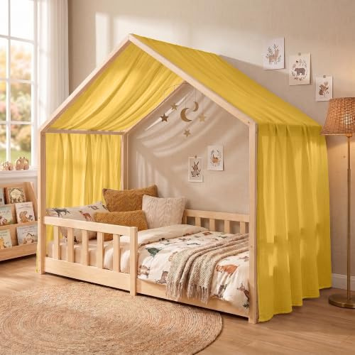 Hook Hausbett Himmel Deko Set, Betthimmel Hausbett aus Musselin - 1 Betthimmel & 1 Wimpelkette, für Jungen Mädchen Deko für Kinderzimmer, Baldachin Kinderzimmer Deko I 135 x 320cm Gelb