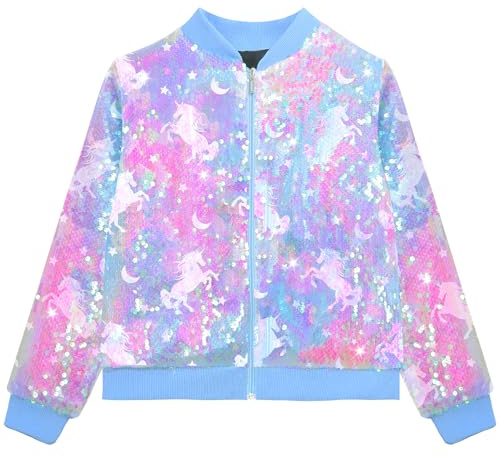 OlyPegic Mädchen-Bomberjacke mit Pailletten, mit Taschen, glitzernde Oberbekleidung, Reißverschluss, langärmelig, Geburtstagsjacken, Regenbogen-Einhorn