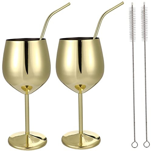 COLLBATH Juego De Copas De Vino Irrompibles De Acero Inoxidable (De 500ml 2 Pajitas De 21.5cm 2 Cepillos) Para Fiestas y Banquetes Con Aislamiento De Doble Capa