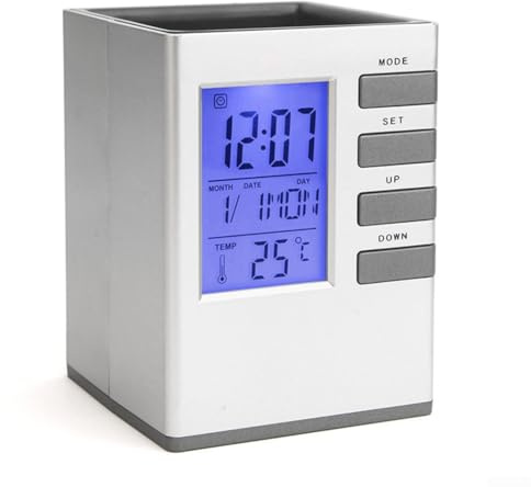 Babominimer Modern Grey Pen Holder Organizer With Alarm Timer Temperature Calendar Electronic Desk Clock With Digital Alarm
