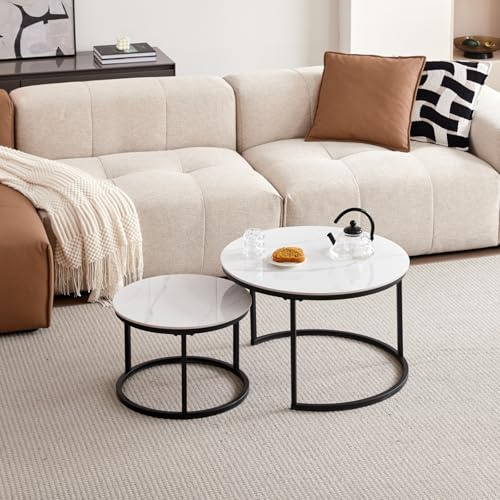 JZGORC Runder Couchtisch, Beistelltisch aus Weißem Marmor und Sinterstein für das Wohnzimmer, Nordischer Couchtisch mit Metallbeinen, Geeignet für Wohnzimmer, Balkon, Schlafzimmer – Schwarzer Rahmen