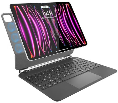 Rii Étui Clavier Magnétique pour iPad Pro 12.9 (3e/4e/5e/6e génération, 2018/2020/2021/2022), Magic Keyboard AZERTY, Clavier Bluetooth pour iPad sans Fil avec Coque, Noir
