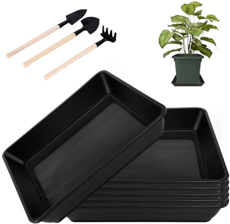 ELLECILA Plant Saucer, 6Pcs Square Plant Tray And 3Pcs Gardening Tools, 12 Inch Black Plant Pot Saucers for Indoor/Outdoor Plants, Garden, Balcony, Desktop, Surface Protection for Household Plants