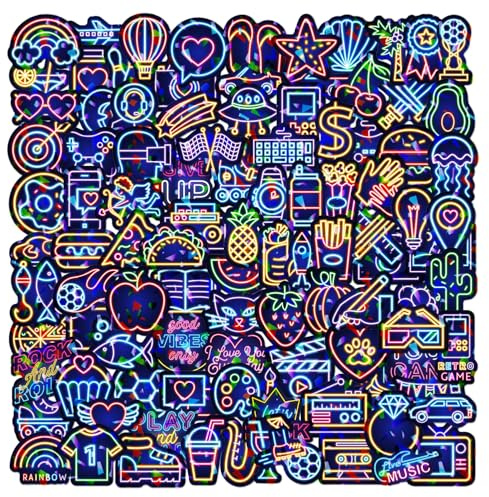 100 Holographic Neon Stickers Pack, Cool Graffiti Stickerbomb for Adults Teens Kids, Waterproof Vinyl Decals for Scrapbook, Laptop, Skateboard, Guitar, Phone