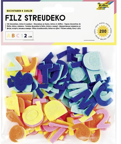 Folia 5254 - Filz Streudeko Buchstaben & Zahlen, 200 Buchstaben und Zahlen in 5 Farben, Dekoration für den Schulanfang