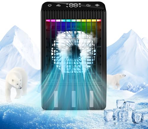 Klimaanlage Mobil mit Display, 1000 ml Tragbare Mini Klimaanlage, 4-in-1-Luftkühler, Fernbefeuchter Timing Klimagerät mit Dual-Spray & 7-Farben-Licht, 4 Geschwindigkeiten Camping Klimaanlage