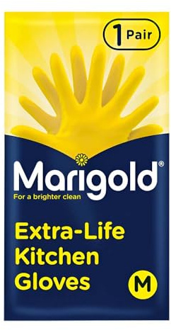 TSA Marigold Kitchen Gloves Medium with Durable Triple Layered & Cotton Lining, Anti-Slip Grip & Roll-Top Cuffs – Rubber Gloves for Cleaning, Dishwashing & Household Tasks