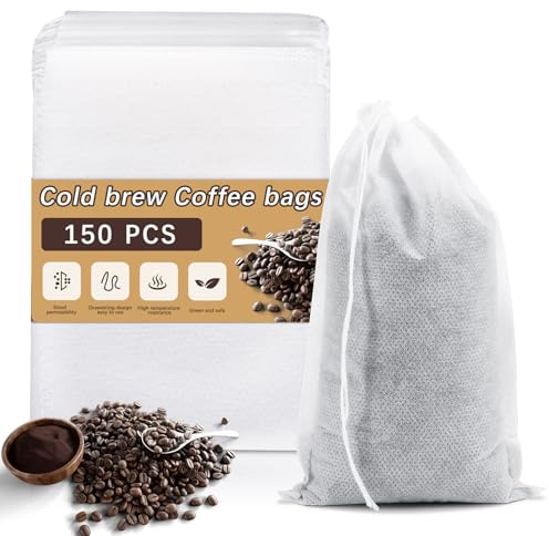150 Pcs Cold Brew Bags 4x6 inch, No Mess Disposable Cold Brew Coffee Filter Bags with Drawstring Large Empty Tea Bag for Loose Leaf Tea, Iced Coffee, Herbs, Spice