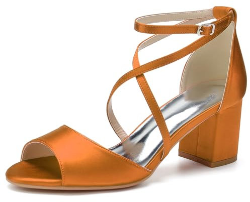 HFWXYSA Donne Punta Aperta Sandali da Sposa Tacco Largo Cinturino alla Caviglia in Raso Scarpe da Damigella d'Onore,Arancia,40 EU