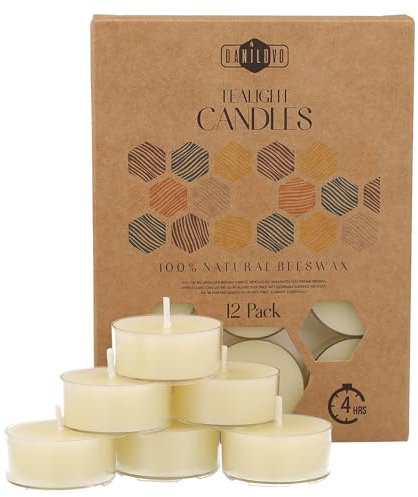 100% Bienenwachskerzen – 12 -teiliges Kerzenset - Bienenwachs Teelichter mit Baumwolldochten – 4 Stunden Brennzeit – Bienenwachs-Kerzen mit Recyceltem Kunststoff von Danilovo