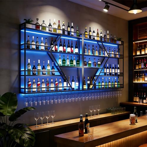 amhricho Portabottiglie in Metallo da Parete, Moderno Portabottiglie da Parete con Portabicchieri, Ripiano Per Liquori, Ripiani da Bar Per Bottiglie di Liquore (4 strati BLACK, 160 * 20 * 123CM)