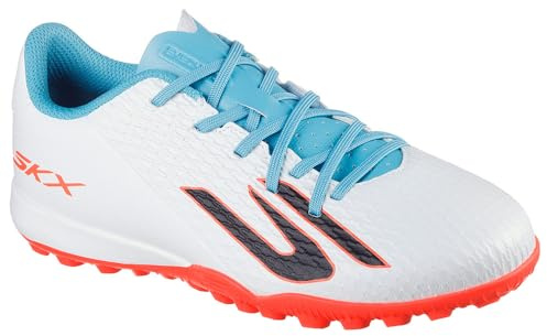 Skechers Skx_2 Jr Youth TF - Tenis Unisex para niños, Control de Golpe preciso, Tenis de fútbol Ligeros de tracción para césped, Blanco sintético Turquesa sintético Ribete Rosa, 1.5 UK Child