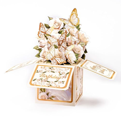 MSLSOZ Tarjeta de cumpleaños para mujer, caja de regalo de felicitación de mariposa blanca y dorada en 3D, elegante tarjeta de regalo con sobre para esposa, hermana, madre, abuela, tía