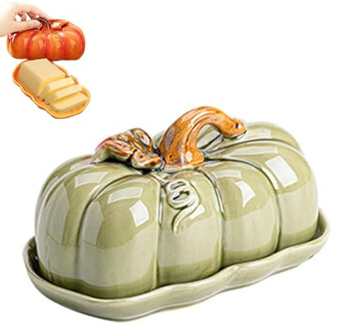 Pumpkin Butter Dish with Lid, Halloween Butter Dish Ceramic Pumpkin Snack Holder, Fall Kitchen Countertop Tray for Butter, Cheese, Snacks, Thanksgiving & Autumn Decor (Green)