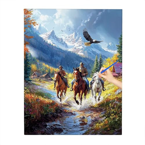 Malen Nach Zahlen Erwachsene Landschaft, Kreativ Set für Erwachsene Pferde Paint by Numbers, DIY Handgemalt Ölgemälde Kit mit 3 Pinseln, Acrylfarbe, Leinwand 40x50cm, Geschenke für Frauen Männer V-47