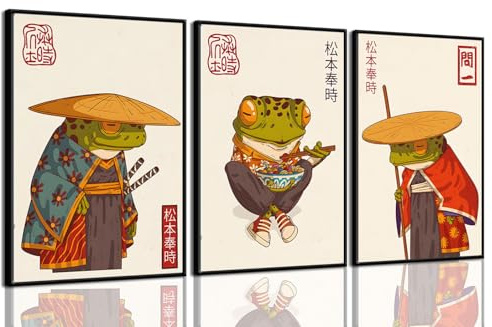 3 stampe vintage giapponesi rane arte da parete carino divertente giapponese samurai rana poster stampe giapponesi Matsumoto Hoji pittura immagini animali eclettici decorazione da parete su tela senza