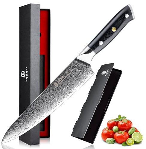 BANREI Couteau de Chef Japonais 20cm – Lame Brut de Forge – Acier Damas 67 Couches 10Cr15CoMoV 62HRC – Couteau Cuisine Professionnel Ultra-Tranchant – Manche G10 Noir & Coffret Cadeau Premium