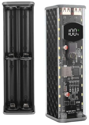 Custodia portatile per power bank da 22,5 W/45 W con design senza saldatura per fai da te, porta batteria in ABS trasparente per 8 x 18650, doppia uscita di tipo C, colore nero, 45 W