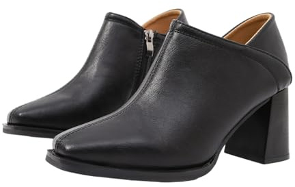 Botines de tacón grueso con punta cuadrada para mujer, estilo retro, de cuero, de tacón bajo, color negro, con cremallera lateral, tacón de bloque, zapatos de vestir, Black, 39.5 EU