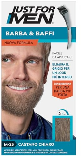 Just For Men Barba & Moustache Teinture pour homme à la kératine, pour une barbe plus dense, teinture sans ammoniaque, élimine les poils gris, avec peigne applicateur, couleur châtain clair, M25