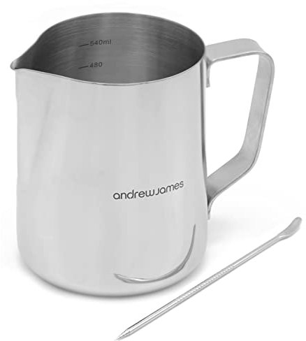 Andrew James 350-600ml Stainless Steel Milk Jug for Frothing Milk | Barista Style Metal Jug for Coffee Machine | Steady Pour Lip and Measuring Scale | Included Milk Art Pen (600ml)