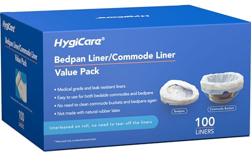 HygiCare 100 Count Enlarged Bedside Commode Liners for Commode Chairs, Bed Pans, and Portable Toilets, Pre-Separated, Leakproof, Sturdy, Disposable, for Adults, Seniors, Medical Care, and Camping