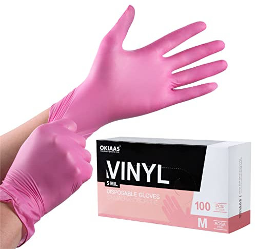 OKIAAS Pink Gloves M|Latex-Free Vinyl Gloves for Household, Food Handling, Lab Work and More|Medium,100 Counts/Box