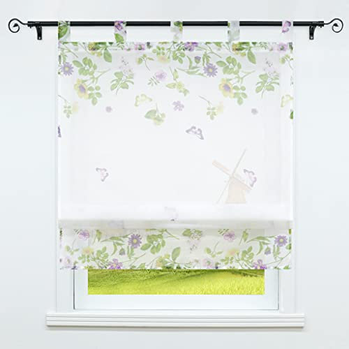 CORLIF Raffrollo mit Schlaufen Gardinen Küche Raffgardinen Transparent Schlaufenrollo Vorhänge mit Schmetterling-Dekomuster Modern Voile Weiß BxH 120x140cm 1 Stück