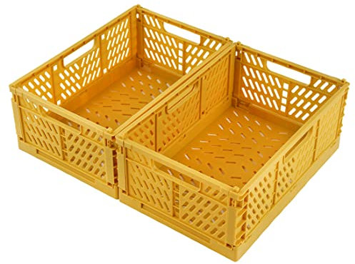 Spesh 2 Pcs Collapsible Storage Boxes Stackable Storage Baskets Folding Plastic Crates Foldable Crate Bins with Handles for Desk,Shelf,Cupboard(Yellow,30 * 20 * 12cm)