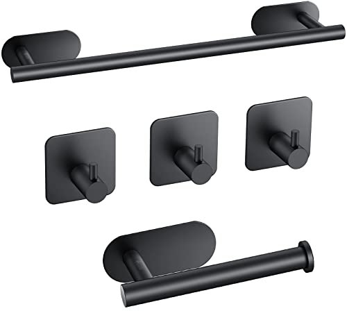 JiGiU Toalleros Adhesivos 43cm, 5 Piezas Juegos de Accesorios de Baño, Toalleros Baño Extensible Sin Taladro Acero Inoxidable 304 para Baño Color Negro