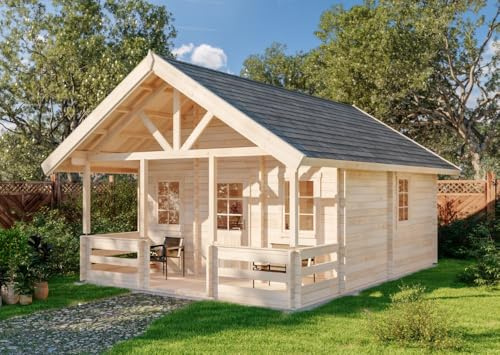 Alpholz Gartenhaus Lillehammer ISO Blockhaus aus Holz Naturbelassen 44 mm Wandstärke mit Terrasse, Schlafboden